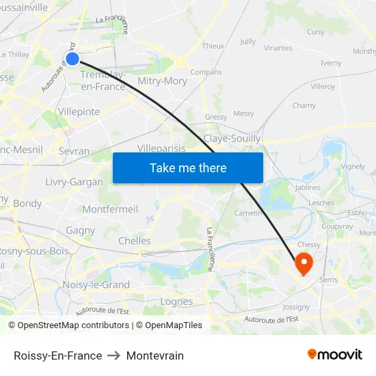 Roissy-En-France to Montevrain map
