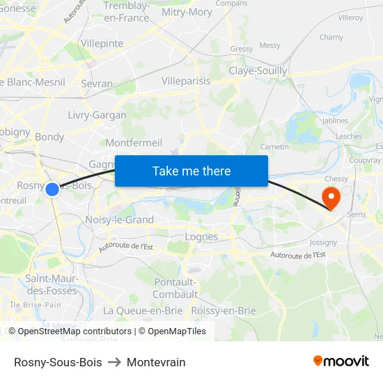 Rosny-Sous-Bois to Montevrain map