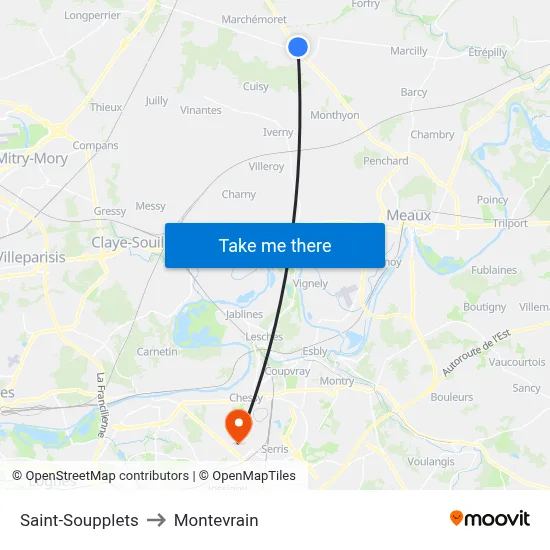 Saint-Soupplets to Montevrain map