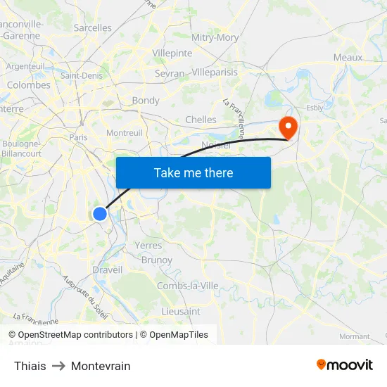 Thiais to Montevrain map