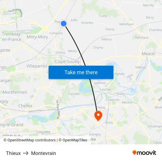 Thieux to Montevrain map