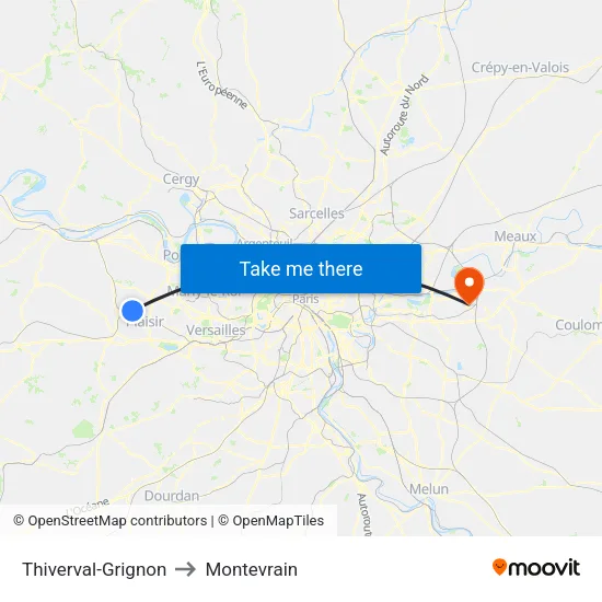 Thiverval-Grignon to Montevrain map
