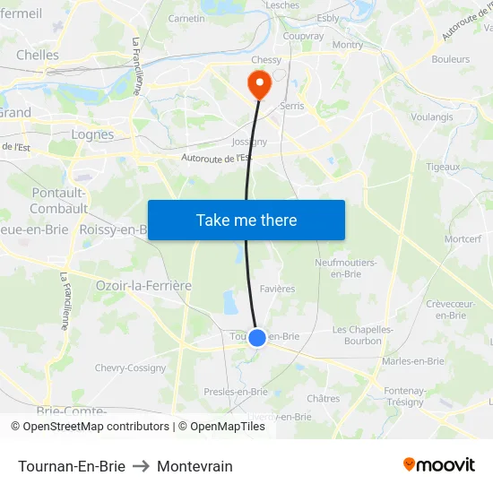 Tournan-En-Brie to Montevrain map
