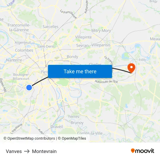 Vanves to Montevrain map