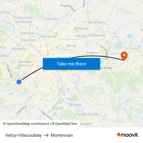 Velizy-Villacoublay to Montevrain map