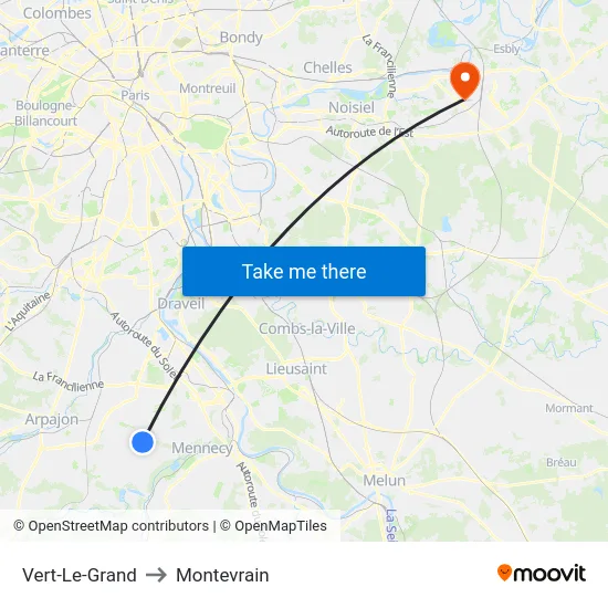 Vert-Le-Grand to Montevrain map