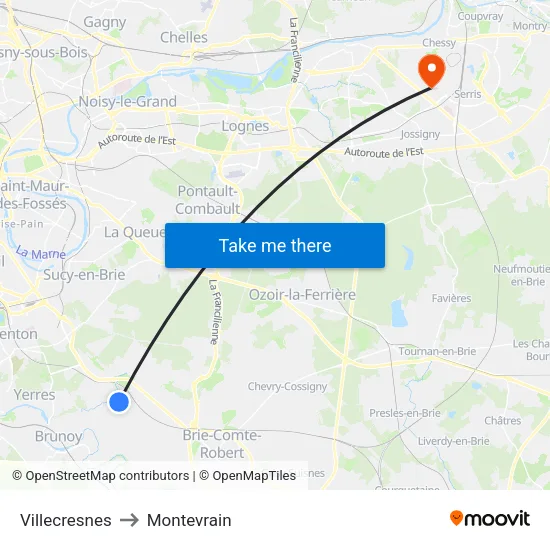 Villecresnes to Montevrain map