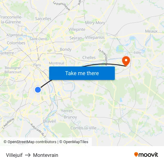 Villejuif to Montevrain map