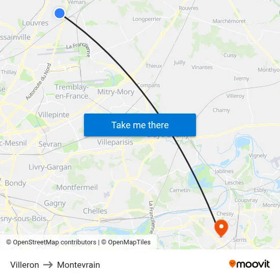 Villeron to Montevrain map