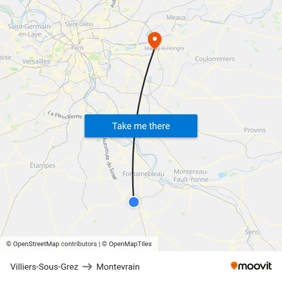 Villiers-Sous-Grez to Montevrain map