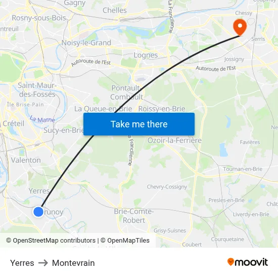 Yerres to Montevrain map