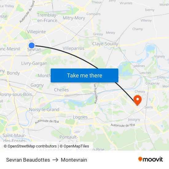 Sevran Beaudottes to Montevrain map