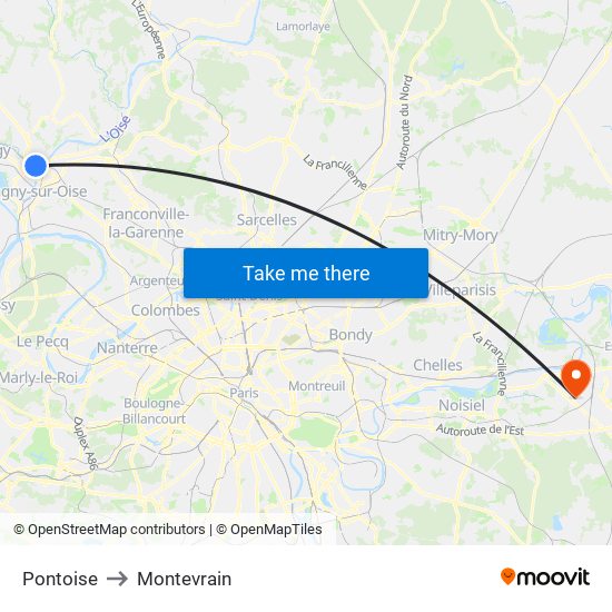 Pontoise to Montevrain map