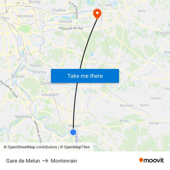 Gare de Melun to Montevrain map