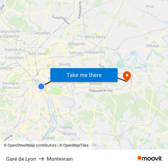 Gare de Lyon to Montevrain map