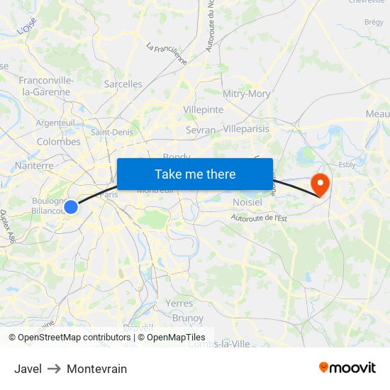 Javel to Montevrain map