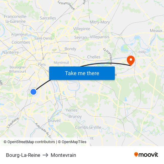 Bourg-La-Reine to Montevrain map