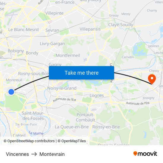 Vincennes to Montevrain map