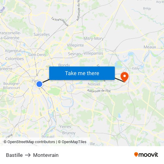 Bastille to Montevrain map