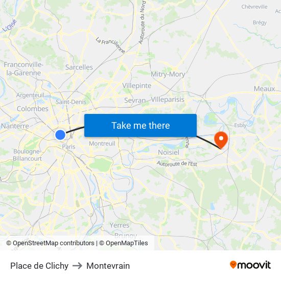 Place de Clichy to Montevrain map