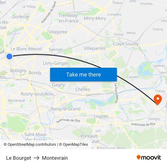 Le Bourget to Montevrain map