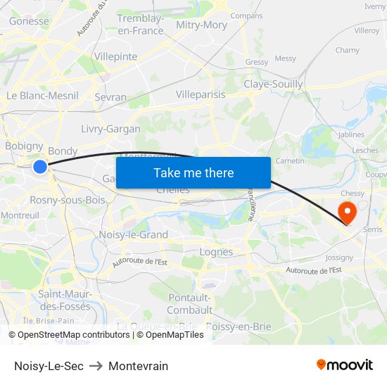 Noisy-Le-Sec to Montevrain map