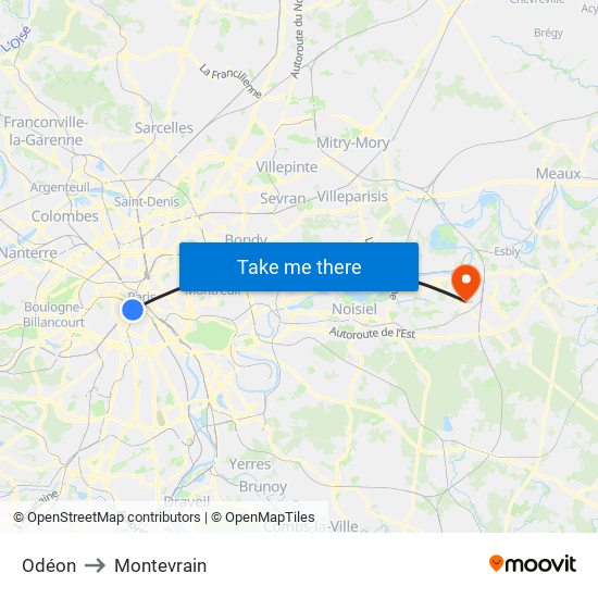 Odéon to Montevrain map