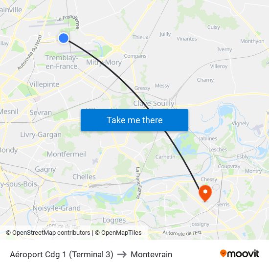 Aéroport Cdg 1 (Terminal 3) to Montevrain map