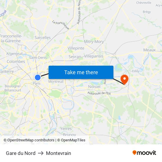 Gare du Nord to Montevrain map