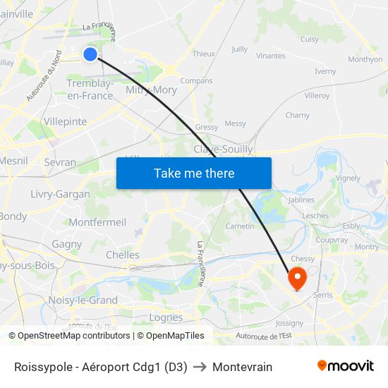 Roissypole - Aéroport Cdg1 (D3) to Montevrain map