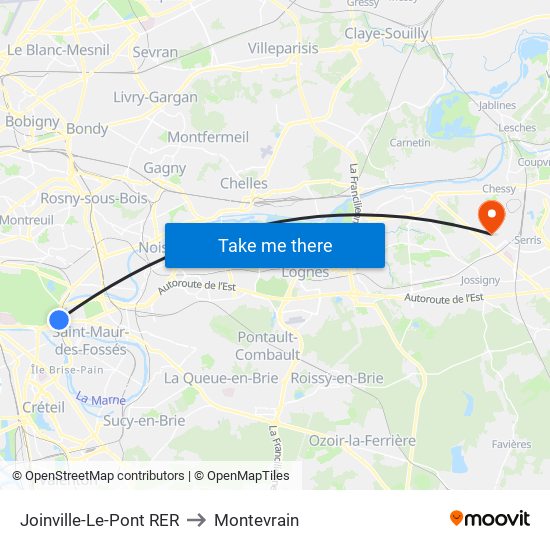 Joinville-Le-Pont RER to Montevrain map
