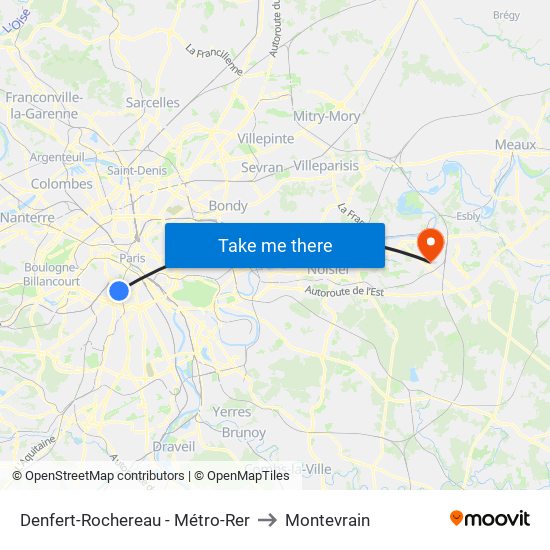 Denfert-Rochereau - Métro-Rer to Montevrain map