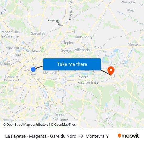 La Fayette - Magenta - Gare du Nord to Montevrain map