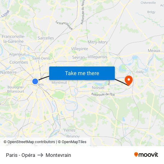Paris - Opéra to Montevrain map
