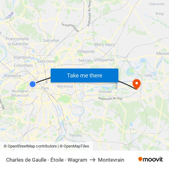 Charles de Gaulle - Étoile - Wagram to Montevrain map