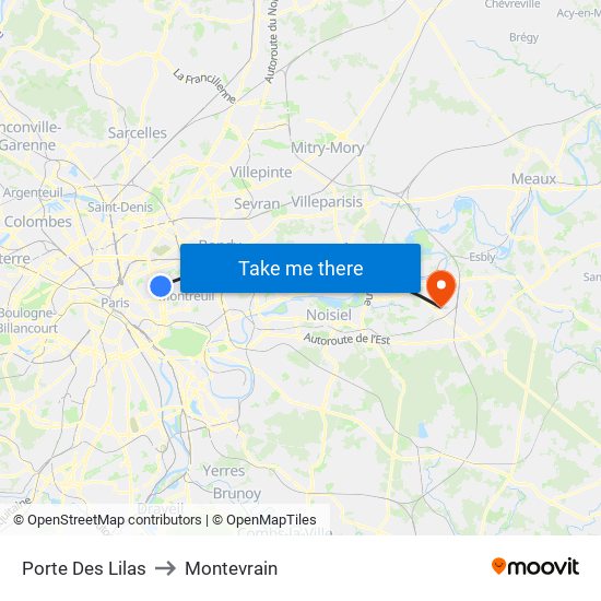 Porte Des Lilas to Montevrain map