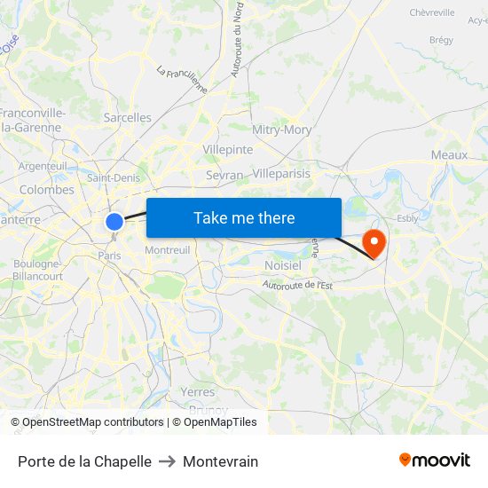 Porte de la Chapelle to Montevrain map