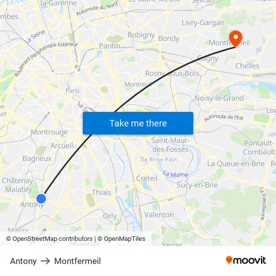 Antony to Montfermeil map