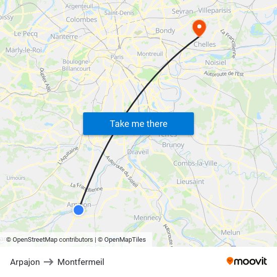 Arpajon to Montfermeil map