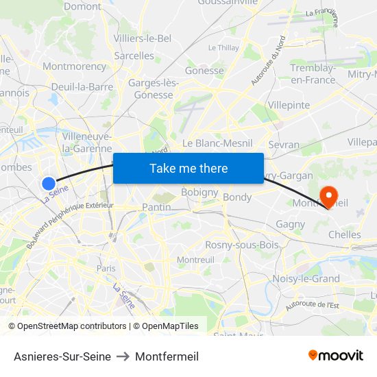 Asnieres-Sur-Seine to Montfermeil map