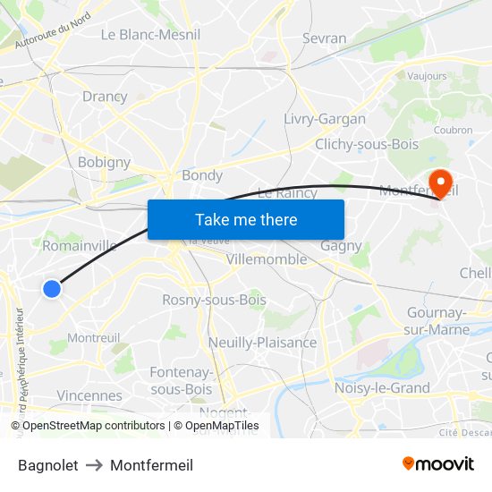 Bagnolet to Montfermeil map