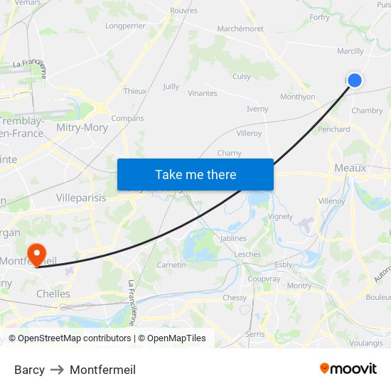 Barcy to Montfermeil map