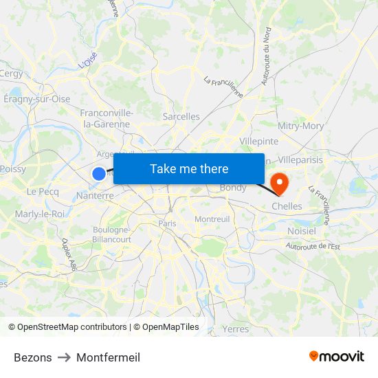 Bezons to Montfermeil map