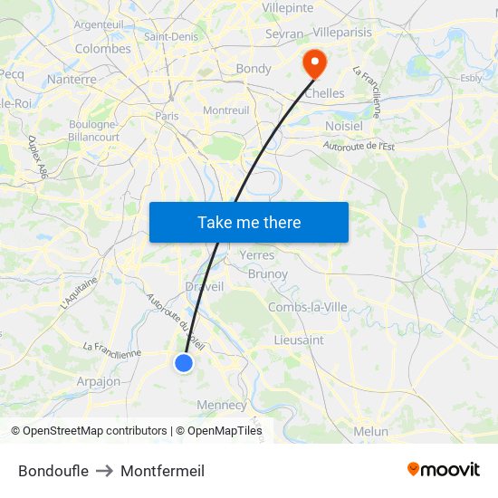 Bondoufle to Montfermeil map