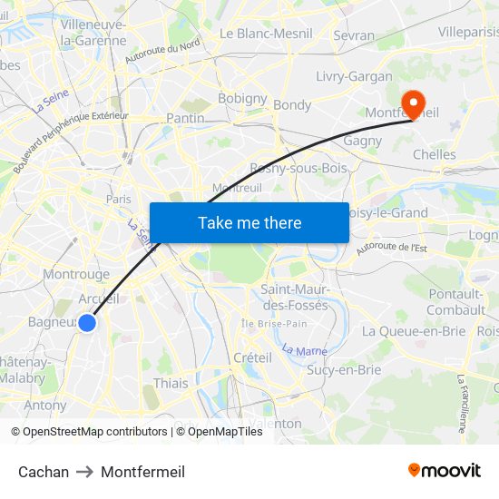 Cachan to Montfermeil map