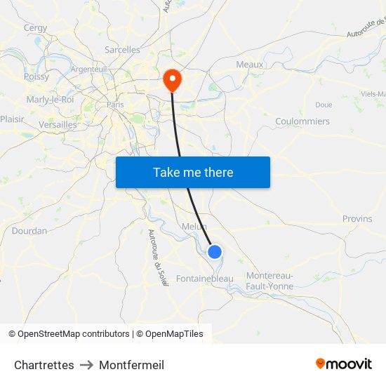 Chartrettes to Montfermeil map