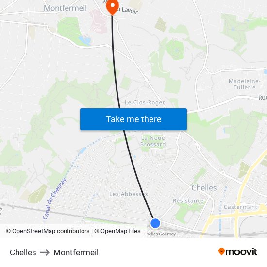 Chelles to Montfermeil map