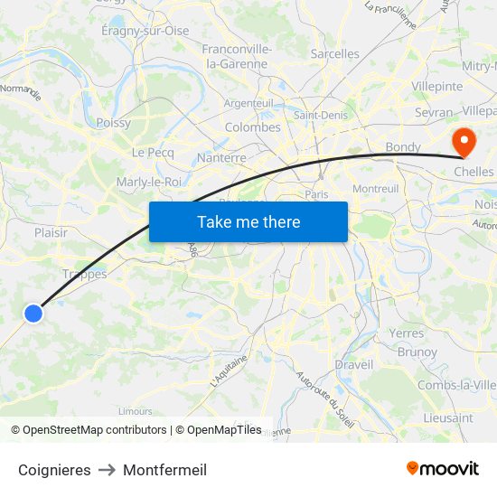 Coignieres to Montfermeil map