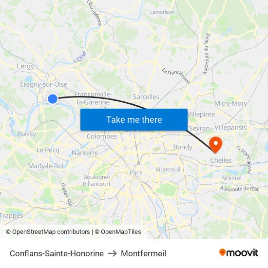 Conflans-Sainte-Honorine to Montfermeil map