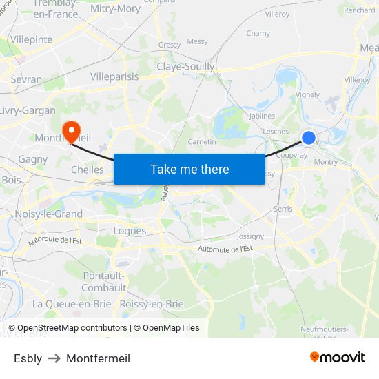 Esbly to Montfermeil map